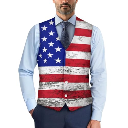 American Flag Theme Waistcoat for Men Casual Suit Vest with Button Classic Dress Waistcoat for Business S-4XL