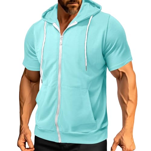 Men's Short Sleeve Zipper Hooded Shirt with Pockets Solid Color Drawstring Thin Jacket Everyday Fitness Workouts Sweatshirt2