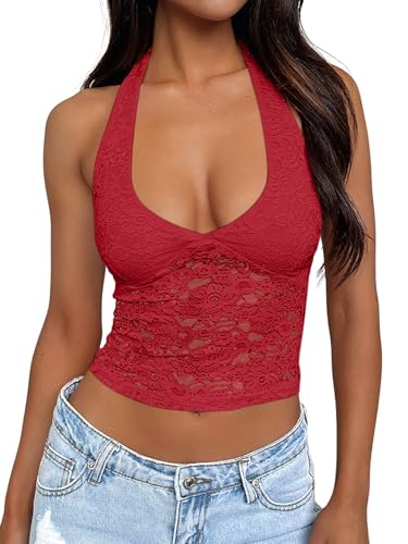 Trendy Queen Womens Going Out Tops Lace V-Neck Sleeveless Double Lined Halter Y2K Sexy Crop Fashion Tank Top 2025