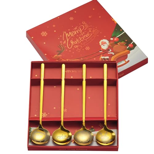 BOSREROY Juego de 4 cucharas pequeñas para niños: cucharas de postre y alimentación de acero inoxidable con diseño navideño