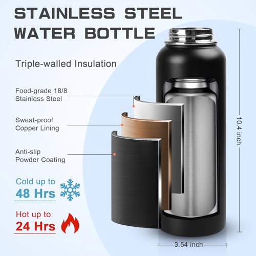 Image of GAZLEMHO 40 oz Insulated Water Bottle with Straw& Spout 2-in-1 Lid, Triple Wall Vacuum Stainless Steel Cold 48H, Leak Proof Sports Metal Flask Jug with Paracord Handle, Black
