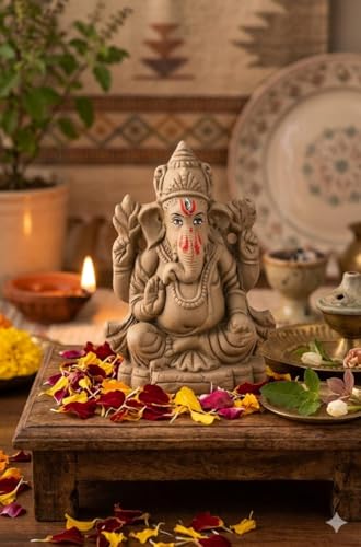 Image of SAUDEEP INDIA 4 Inch Mitti Ganesh Idol for Ganesh Chaturthi | Eco-Friendly Handcrafted Clay Ganpati Murti for Visarjan | Biodegradable Ganesha Statue for Home Pooja Decor & Gift Use