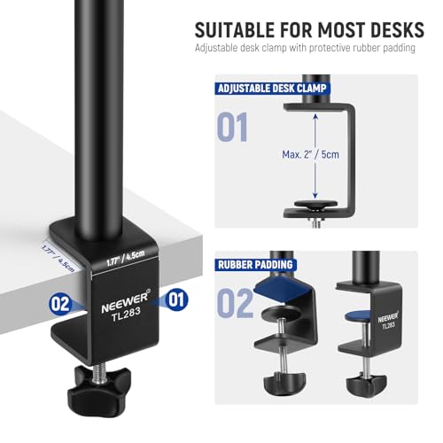Image of NEEWER Camera Desk Mount with Holder & 360 Ball Head, 17 inch-40 inch /43-102cm Telescopic C Clamp Table Light Stand 1 /4 inch Screw, Desktop Stand 6.6lb /3kg Max Load for DSLR Camera, Webcam, Ring Light,TL283 | Telescopic C Clamp Table Light Stand 1 /4 inch Screw, Desktop Stand 6.6lb /3kg Max Load for DSLR Camera, Webcam, Ring Light, TL283