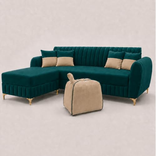 Image of CASASTYLE Signature Velour 4-Seater L-Shape Sofa Set with Movable Ottoman & Suri Pouf | Flexible LHS /RHS Layout | Boston Fabric | 40D Foam + Zigzag Spring | 3-Yr Warranty (Ocean Green, Sand Beige)