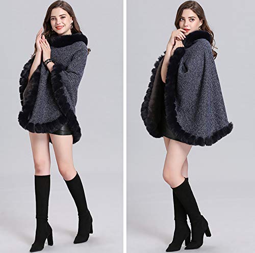 LVCOMEFF Women Woolen Knitting Poncho Wrap Shawl with Fur Lined with Faux Rabbit Fur Trimming2