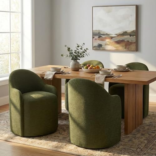 Image of KISLOT Upholstered Dining Chairs with Casters, No Assembly Modern Dining Room Chairs Accent Vanity Chair with 5 Wheels & Round Backrest for Bedroom, Living Room, Dressing, Green Fabric, Set of 4