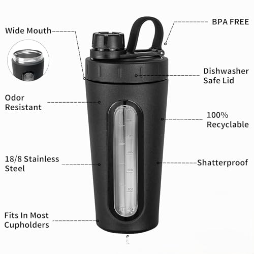 Image of Shaker Bottles for Protein Mixes 28 oz Stainless Steel Protein Shaker with Mixing Ball, Not Stays Cold /Hot, Visible Window Metal Shaker Cups, Leakproof, BPA Free Bottle Shaker 950 ml