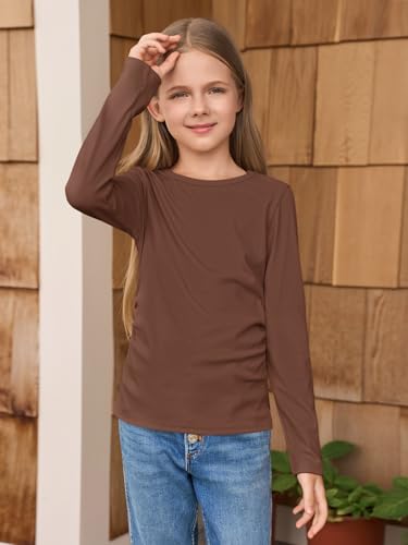 Image of Haloumoning Girls Long Sleeve Shirts Crewneck Ruched Side Slim Fit Tops Ribbed Knit Casual Tee Shirt 4-15 Years