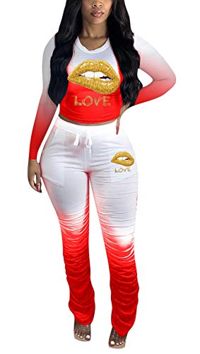 Conjunto de 2 piezas para mujer, talla grande, ombliguera, con cordón, pantalones acampanados, color azul, H1398-rojo, 3XL