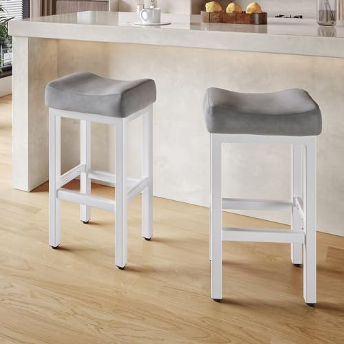 Image of 29 Inch Bar Height Bar Stools Set of 2, 29 inch Barstools for Kitchen Island Counter, Backless Bonded Leather Bar Height Stools with Thick Saddle Seats & Heavy Duty Metal Base, Easy Assembly, Gray /White