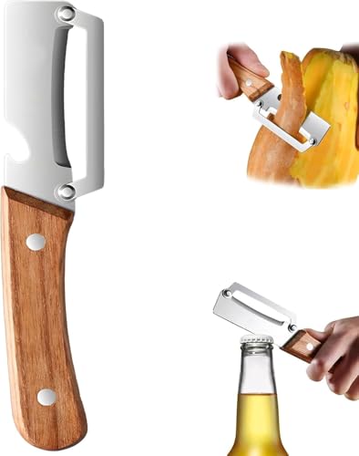 Multi-Functional Vegetable Peeler for Kitchen, Ergonomic Potato Peeler & Fruit Slicer, with Wooden Handle and Bottle Opener, for Carrot, Apple, Kiwi, Orange, Easy Grip Kitchen Tool (1PC)