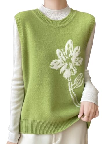 LIUYUYOUGO Women's Sleeveless Jumpers Crew Neck Flower Jacquard Sweater Vest Women Stylish Loose Knitted Waistcoats Short Knitted Top Autumn Winter Knit Tank Top Gilets Green M