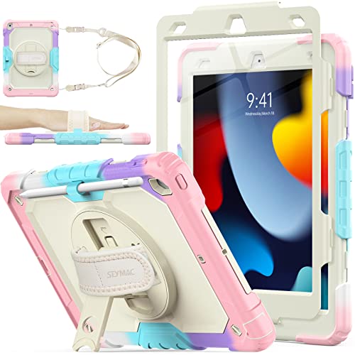 Image of SEYMAC Stock Case for iPad 9th /8th /7th Gen 10.2'', Shockproof with Screen Protector, Pencil Holder & 360 Rotating Hand Strap & Stand, iPad 10.2 inch 2021-2019 (Yellowish+Pink)