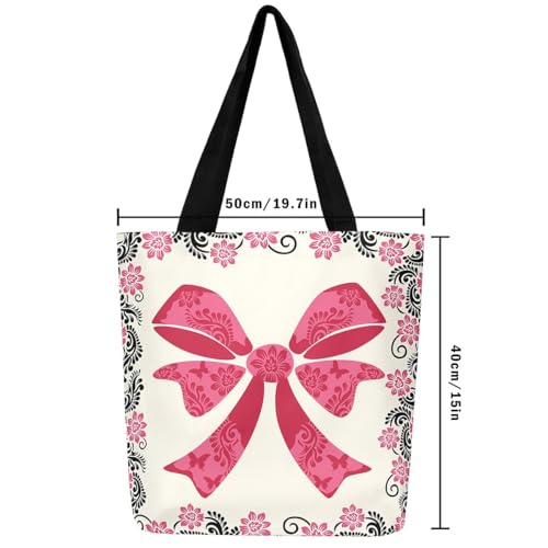 Bowknot Canvas Tote Bag Aesthetic for Women Girls, Floral Bow Print Reusable Grocery Handbag, Pink Flower Bow Tie Shopping Canvas Bags Beach Handheld Shoulder Shopping Tote Bag,19.7\"Wx15.7\"L - Thumbnail 2