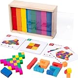 【観察力＆思考力＆空間感覚を育てる積み木！】8色の鮮やかなブロックが、お子さまの創造性を刺激します。平面パズルや立体パズルの両方に対応。正面図・平面図・側面図など複数の視点から形を認識し、空間理解を深められる積み木玩具です。 【お題カード40枚（計80問、難易度は5ランクに分ける）】多彩なパズル課題（2D・3D）、段階的に成長できる設計です。はじめは簡単な問題に取り組み、自信がついたら難しい課題へステップアップすることが可能です。平面（2D）や立体（3D）のさまざまなパズルに挑戦することで、楽し...