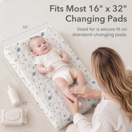 Image of Konssy 2 Pack Quilted Muslin Changing Pad Cover, Waterproof Layer 32 inch x 16 inch | 100% Cotton Surface with Silent Protection, Soft Changing Table Sheets, for Baby Boys and Girls (Seamist)