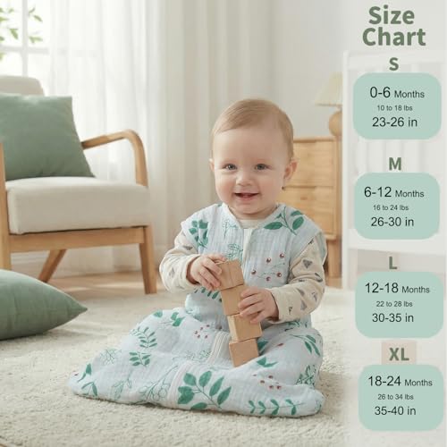 Image of BSTOPPT 2 Pack Baby Sleep Sack 0-6 Months 100% Organic Cotton Muslin Baby Sleeping Bag 2-Way Zipper Wearable Blankets TOG 0.3 (Green & Leafy Cherry, Small)