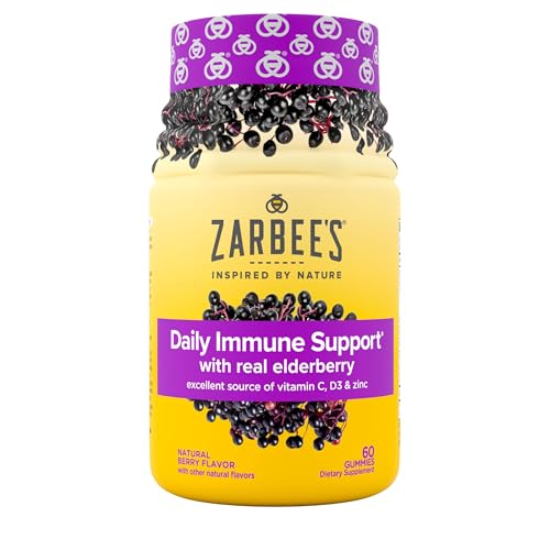 Zarbee’s Elderberry Gummies Daily Immune Support Supplement with Vitamins A C D E & Zinc, Black Elderberry Extract, Natural Berry Flavor, Vegetarian, Gelatin-Free, 60 ct