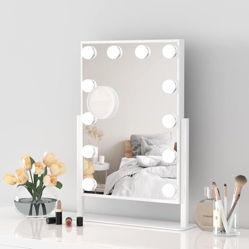 Moziel 30 x 41 cm Espejo de Maquillaje con Luz, Espejo Tocador con Luces de 12 LED en la Mesa, 3 Colores de Luz y Función de Brillo Ajustable