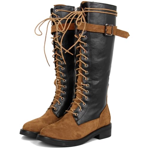 Meefit Lace Up Knee High Boots for Women Combat Riding Boots Low Heel Gothic Motorcycle Boot Flats Long Shoes