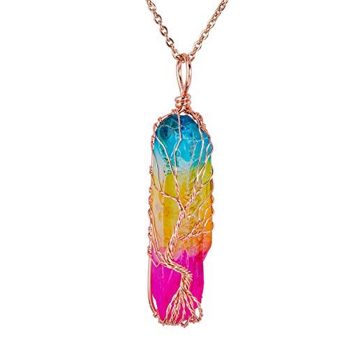 Bivei Tree of Life 7 Chakra Gemstone Copper Wire Wrap Irregular Clear Quartz Point Crystal Pendant Necklace(Rose Gold Plated Titanium Coated Multi Color)
