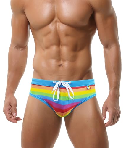AIEOE Herren Badeshorts mit Pad Schwimmhose mit Kordelzug Swim Bikini Badeslip Regenbogen Farbe XL