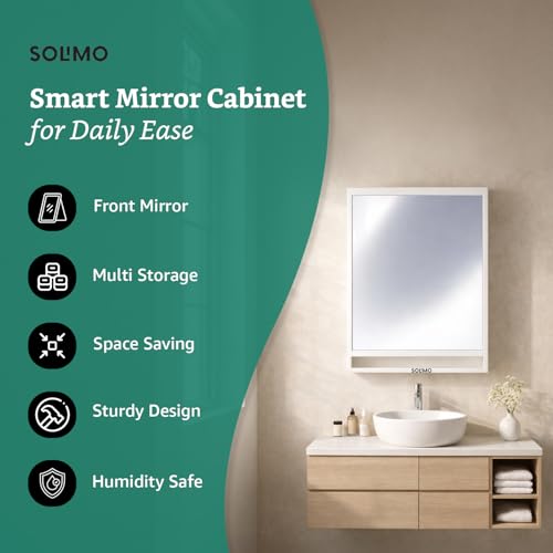 Image of Amazon Brand - Solimo SmartLook Wall Mounted Storage Cabinet with Mirror, Toothbrush Holder with Multi-Compartment Storage, Wall Mounted Plastic Organizer for Toothbrush,& Bathroom Essentials, White