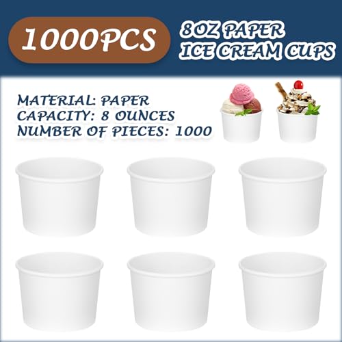 Image of Nuenen 1000 Pcs 8 oz Summer Ice Cream Paper Cups Bulk Disposable Dessert Cups Solid Color Paper Dessert Bowls for Snack Sundae Spring Party Favors Ice Cream Bar Supplies (White)