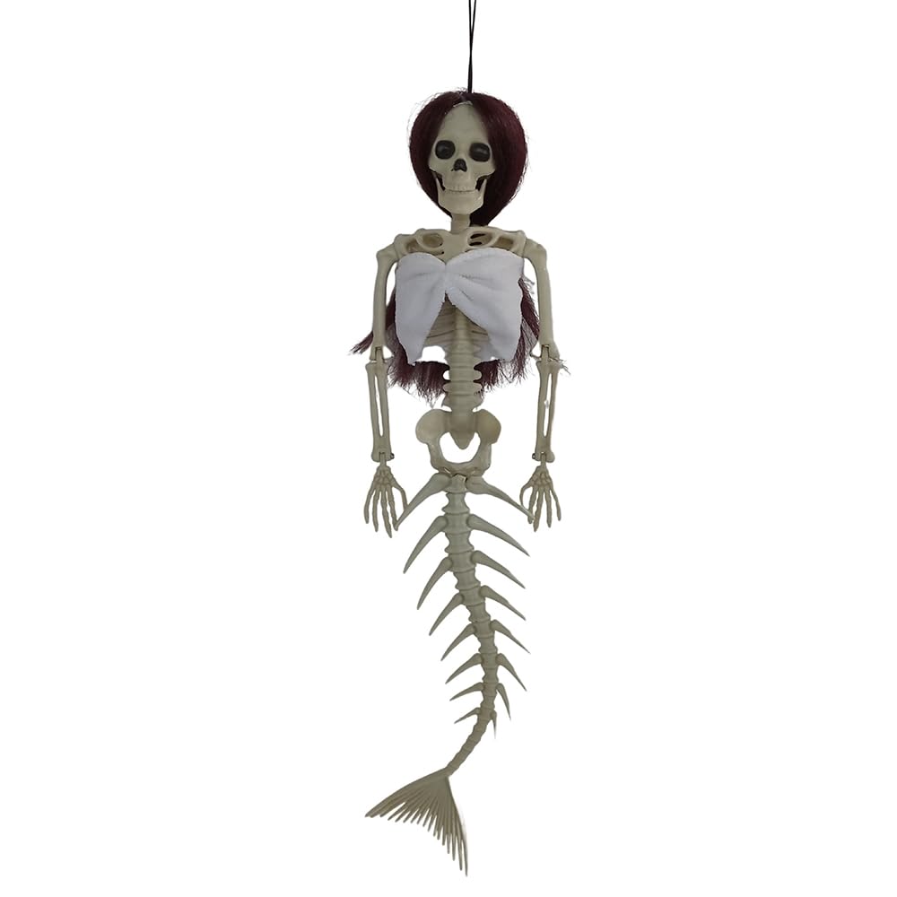 Halloween Hanging Fish Tail Skeleton Pendant for Outdoor Party Festival Decoration 17 Inches (Red Hair)