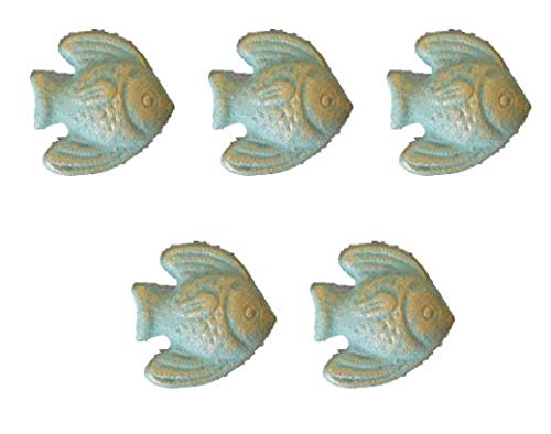 5 Cast Iron Fish Drawer Pull Knobs with Attaching Screws for Nautical Kitchen Bathroom Home Decor