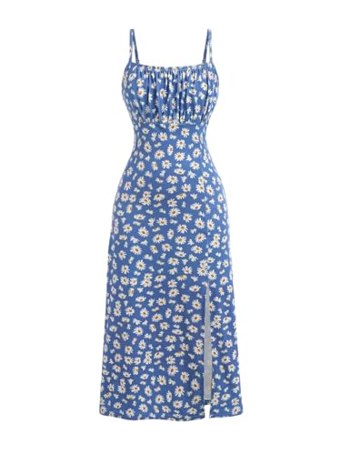 Girl's Floral Summer Dress Split Hem Ruched Bust Spaghetti Strap Cami Midi Teen Dress Sundress