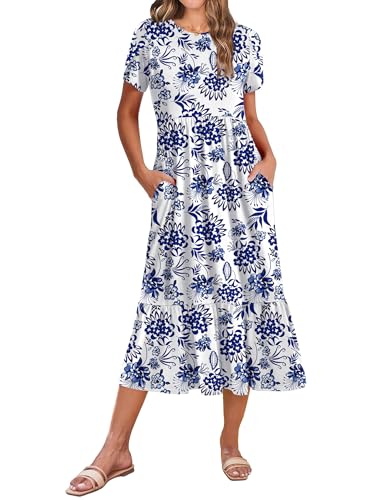 Image of Zeagoo Women Summer Midi A Line Dress Short Sleeve Casual Flowy Tiered Beach Long Sundress with Pockets 2026 Vacation Travel