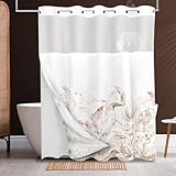 Tititex Duschvorhang-Set ohne Haken, Boho-Stil, hellbraune Blätter, luxuriös, doppellagig, wasserdichter Stoff & transparentes Fenster, Badezimmer, dekorativ, 183 x 183 cm