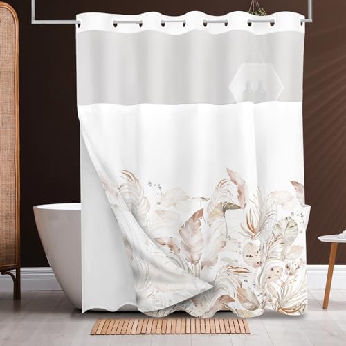 Tititex Duschvorhang-Set ohne Haken, Boho-Stil, hellbraune Blätter, luxuriös, doppellagig, wasserdichter Stoff & transparentes Fenster, Badezimmer, dekorativ, 183 x 183 cm