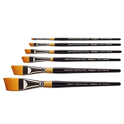 KINGART Premium 6 pc. Original Gold 9400 Series Angular Shader Artist Brush Set, Synthetic Golden Taklon Hair, Short Handle, 6 Sizes: 1/8", 1/4", 3/8", 1/2", 3/4", 1" by KINGART - Used condition - Image 2