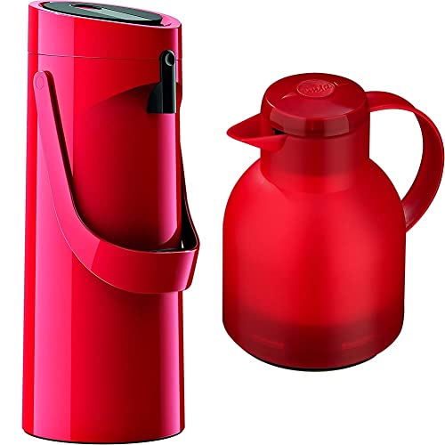 Emsa 515708 Ponza Pump-Isolierkanne, Thermosflasche, 1,9l Füllvolumen, rot, 17 x 16.5 x 39 cm & Samba Isolierkanne 504232 | 1 Liter | Quick Press Verschluss, 24h kalt | Transluzent Rot