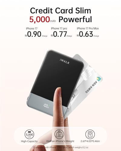 Image of iWALK Magsafe Portable Charger 5,000mAh, Ultra-Slim Magnetic Wireless Power Bank with LED Display, PD 20W USB-C Fast Charging Battery Pack, Compatible with iPhone 17 /17 Pro /16 /15 /14 /13 Series, Black