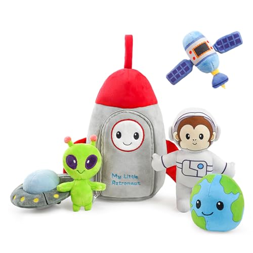 Baby Sensory Toys Set for Babies My Little Astronaut Plush Toy Set Soft Monkey Stuffed Animal for Boys Girls 0-18 Months Toddlers 1-3 with Alien Rattle, Crinkle Spaceship, Play Toys Gift (Space, Kit)