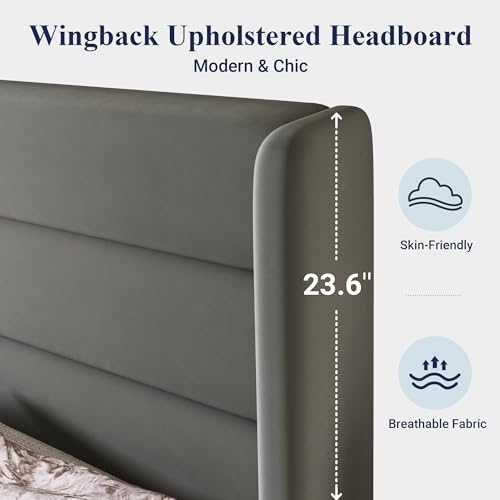 Image of Allewie King Size Platform Bed Frame with Velvet Upholstered Wingback Headboard, No Box Spring Needed, Under Bed Storage Space, Strong Wooden Slats, Modern Mattress Foundation, Easy Assembly, Grey