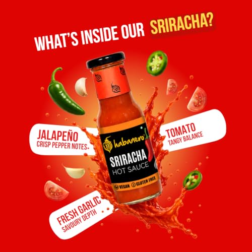 Image of Habanero Sriracha Hot Sauce | Made with Fermented Jalapenos & Garlic | Sweet, Spicy & Tangy Chilli Sauce | Vegan & Gluten Free | 185g