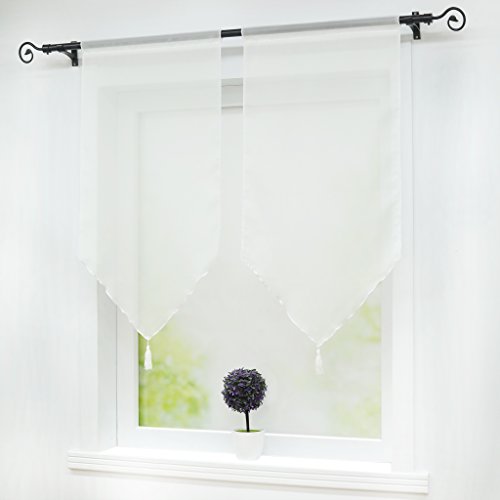 Joyswahl Melina Lot de 2 Voilages Uni Passe Tringle avec Frange à Pompon avec Cordon de Serrage Transparent Décoration de Fenêtre et Porte Blanc LxH 45x90CM