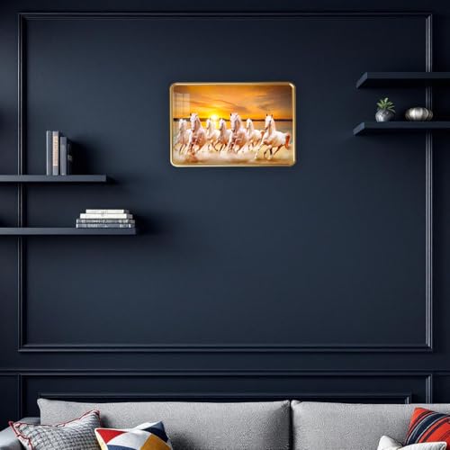 Image of 7 Running Horses Photo Frame, Ultra High Gloss Lamination, Vastu Painting for Living Room, Office, 12x18 Inch (Design 6)