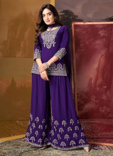 Image of Xomantic Fashion Womens Purple Color Embroidered Georgette Palazzo Salwar Kameez