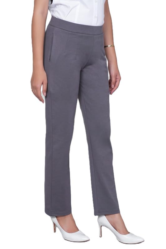 Image of Mlada Straight Fit Cigarette Pencil Pants Elastic Waist Band Mid High Waist Formal Office Trousers for Women, Pockets for Travel Stretch Cotton Knit Full Length Regular /Plus Size