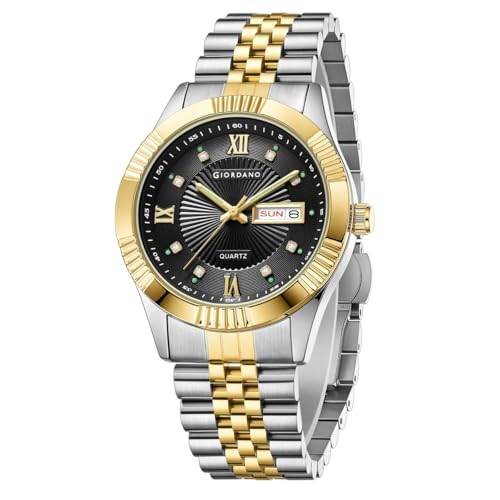 Image of Giordano Classic Analog Quartz Watch for Men with Textured Dial, Fluted Bezel, Day & Date Display & Two-Tone Stainless Steel Strap