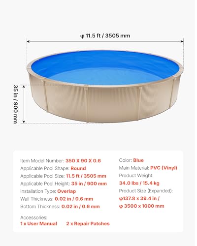 VEVOR Poolinnenfolie 3,5 m, Poolfolie für 90 cm Wandhöhe, Ersatzfolie aus PVC, Innenhülle 0,6 mm Stärke, Schwimmbadfolie Überlappend, Austauschfolie, Geeignet für Oberirdische Pools, Blau