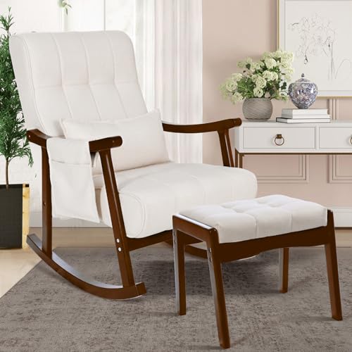 Image of NOBLEMOOD Upholstered Rocking Chair with Ottoman, Modern Indoor Nursery Glider Rocker Chair, Solid Wood High Back Armchair with Fabric Padded Seat for Living Room Bedroom