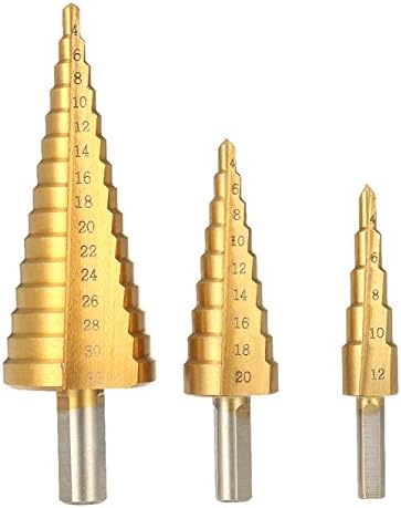 Numbered Drill Bits, High Speed Steel Step Cone Drill Bit for Metal, Drill Attachment Cone Titanium Hole Cutter Metric 3-12 4-12 4-20mm 1/4" Polishing (3pcs)