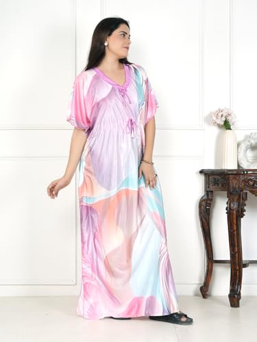 Image of Women's Printed Satin Blend Kaftan Nighty /Nightgown /Nightwear /Maxi WSR-185
