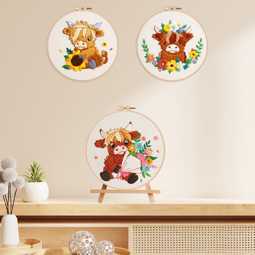 Image of Nuberlic Highland Cow Embroidery Kit 3 Pack Embroidery Kits for Adults Beginners Starter Cross Stitch Kit Set with Floral Designs - Perfect DIY Gift